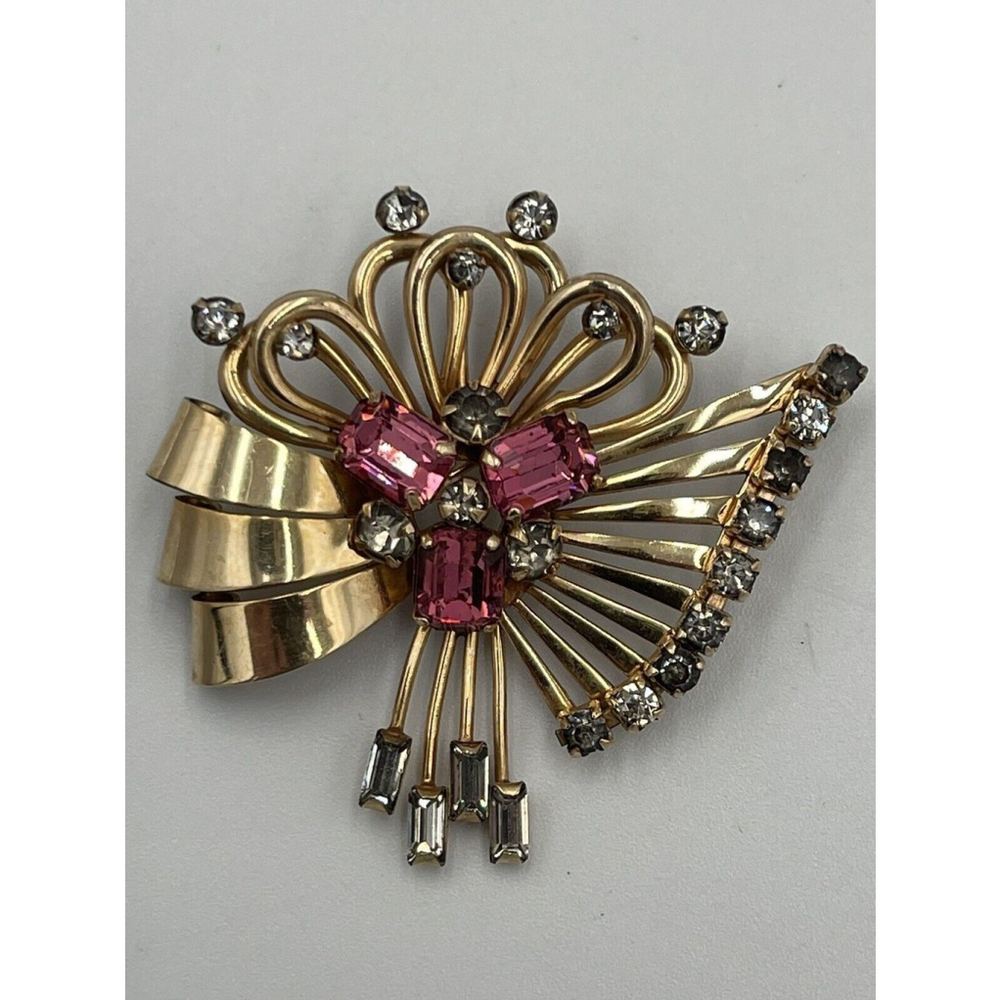 M&S 1/20 12K G.F Clear & Pink Rhinestone VTG 1950s Prong Set Brooch Pendant